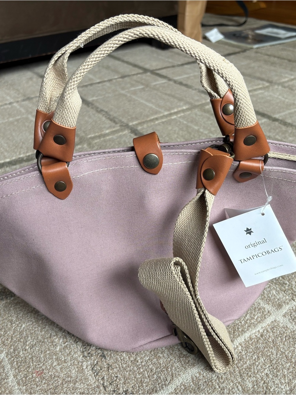 Tampico Bags Original Canvas Tote in Dusty Pink Lavendar with Tan Leather Trim